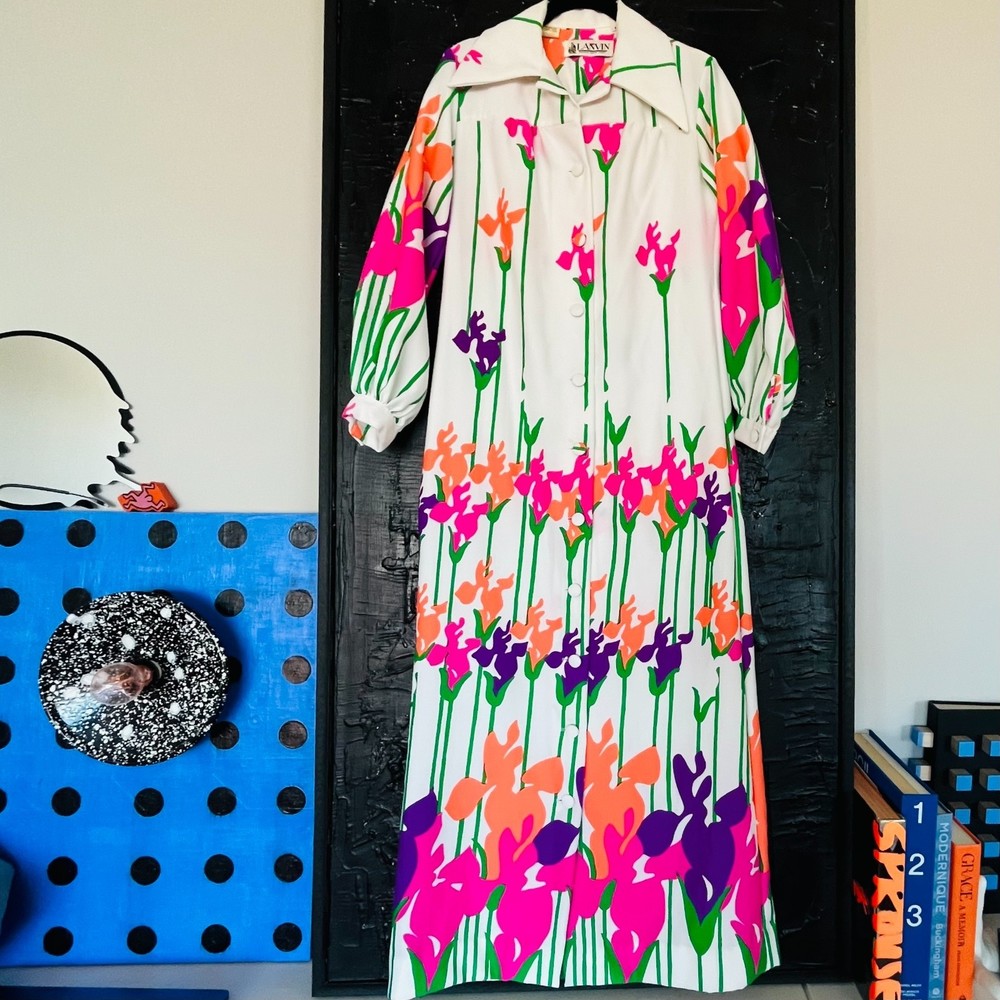 Lanvin 1970s Mod Op Art Oversized Floral Print Jersey Shirt Dress